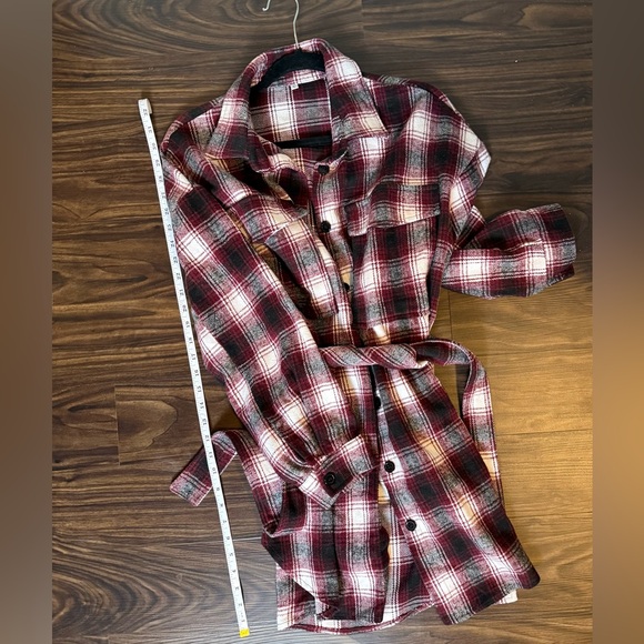 Women’s Plaid Button Down Dress Shirt With Belt & Pockets Tie Size Large - Picture 6 of 6